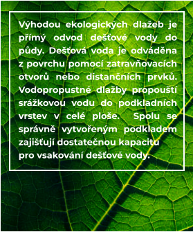 Výhodou ekologických dlažeb je přímý odvod dešťové vody do půdy. Dešťová voda je odváděna z povrchu pomocí zatravňovacích otvorů nebo distančních prvků. Vodopropustné dlažby propouští srážkovou vodu do podkladních vrstev v celé ploše.  Spolu se správně vytvořeným podkladem zajišťují dostatečnou kapacitu  pro vsakování dešťové vody.